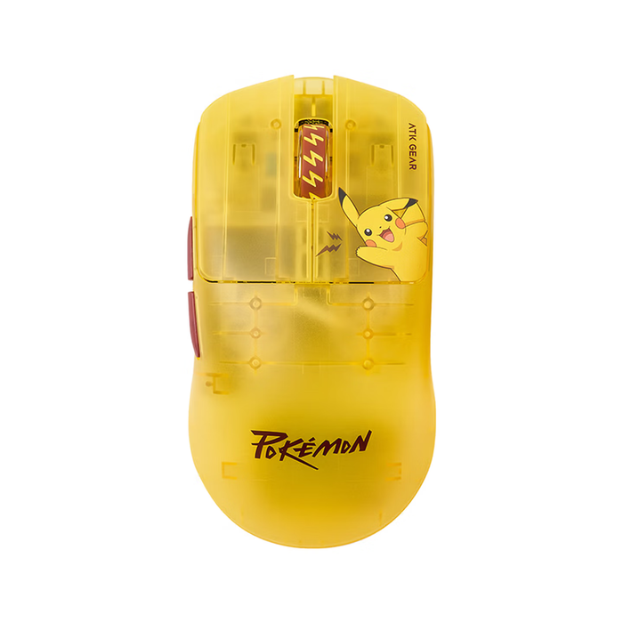 Mouse amarelo translúcido ATK GEAR com ilustração do Pikachu, visto de cima