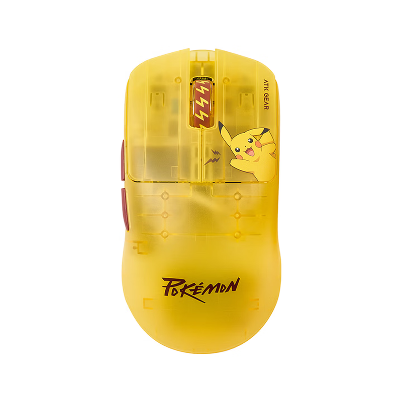 Mouse amarelo translúcido ATK GEAR com ilustração do Pikachu, visto de cima