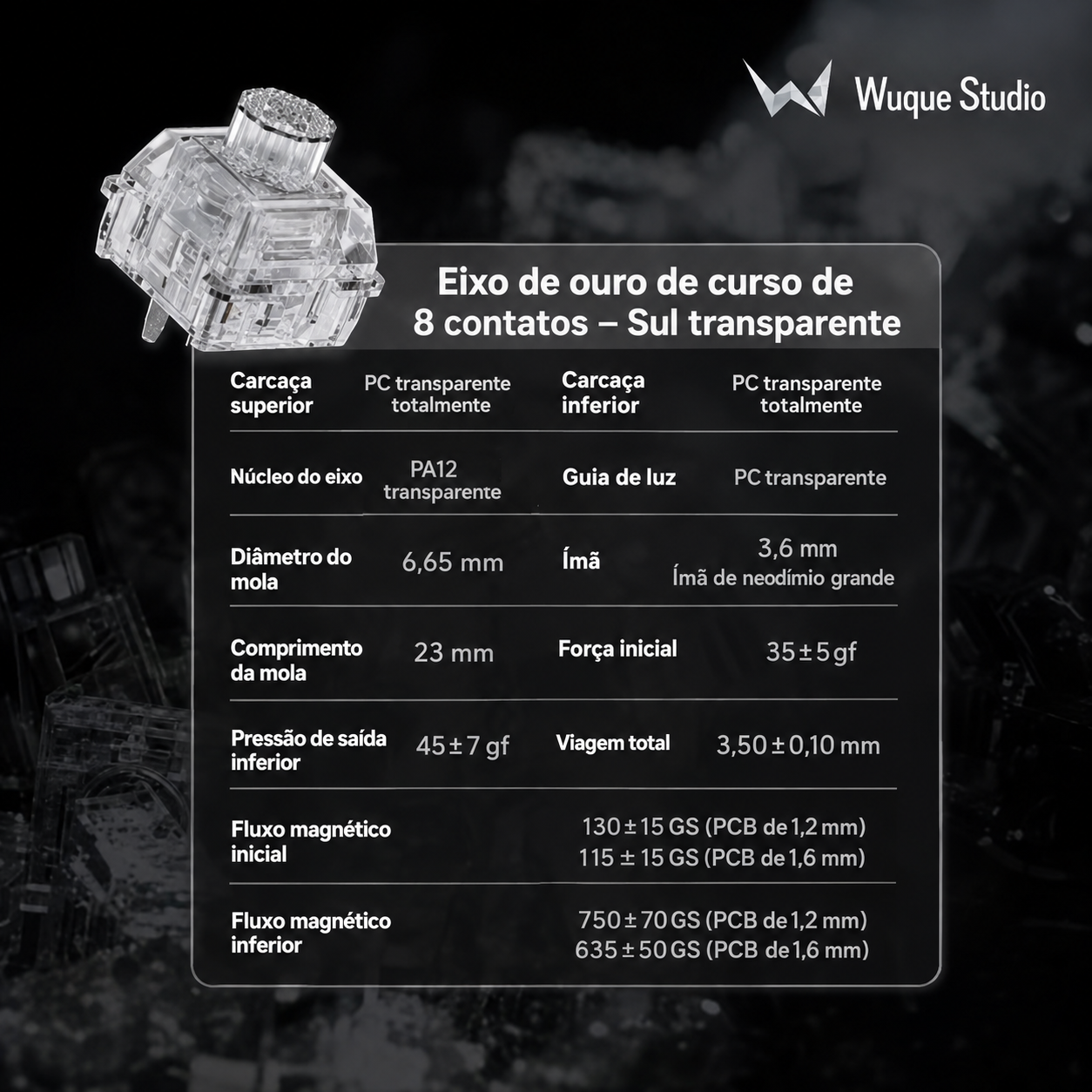 Wuque Studio – Switch linear transparente, especificações técnicas