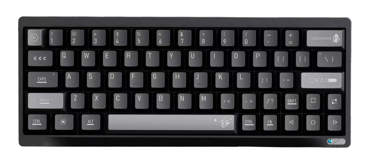 Teclado Mecânico Gamer 65% com keycaps cinza e carcaça preta fosca