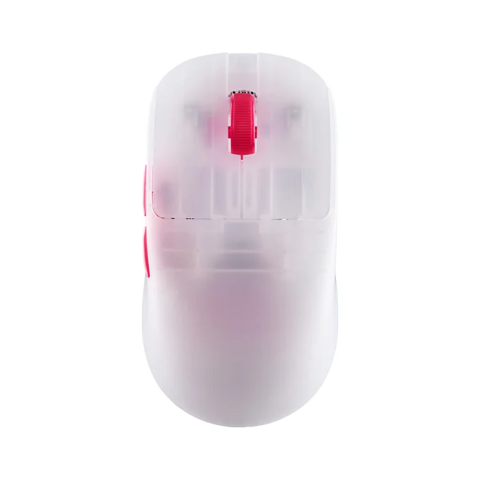 Mouse gamer sem fio branco translúcido com detalhes em rosa, vista superior