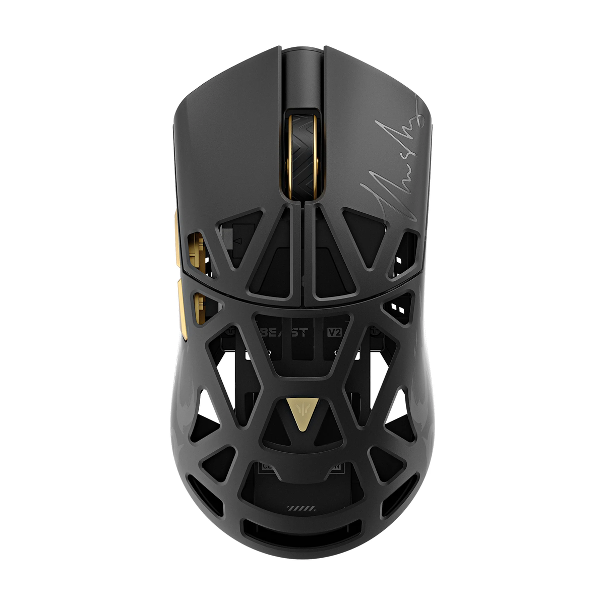 Mouse gamer vazado preto com detalhes dourados, vista superior