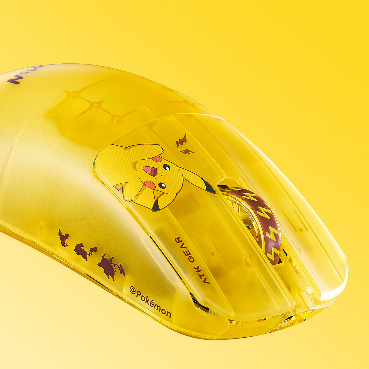 Mouse amarelo translúcido ATK GEAR Pikachu em vista diagonal frontal